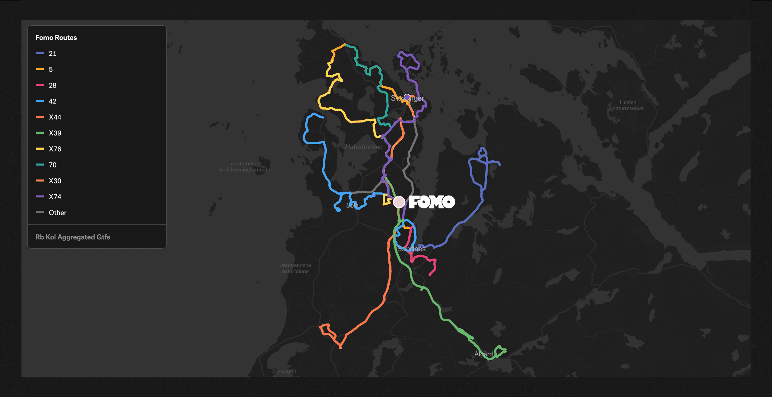 Bus routes map showing FOMO connections across the region